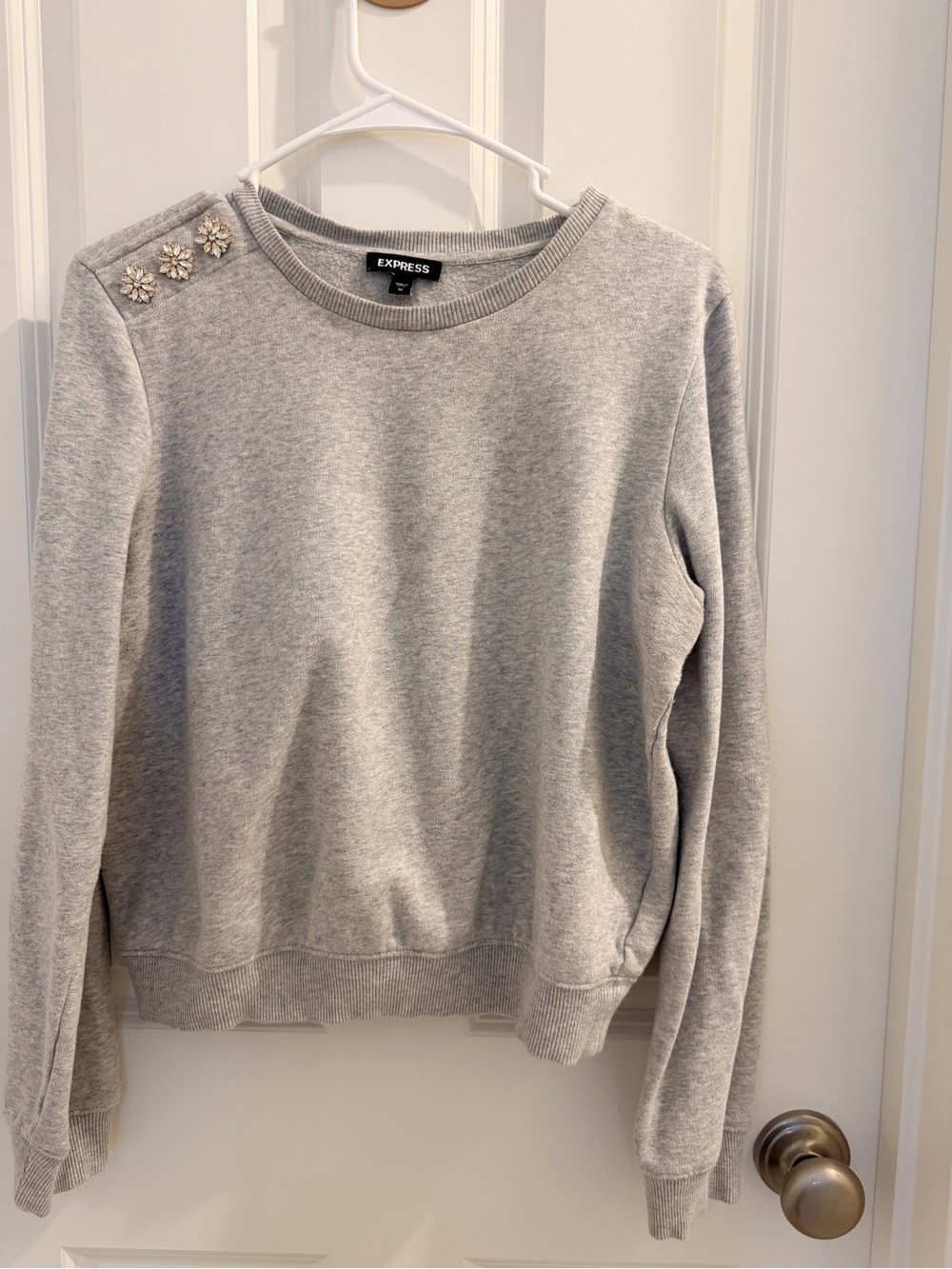 Express Light Gray Crewneck Sweatshirt with Shoulder Embellishments